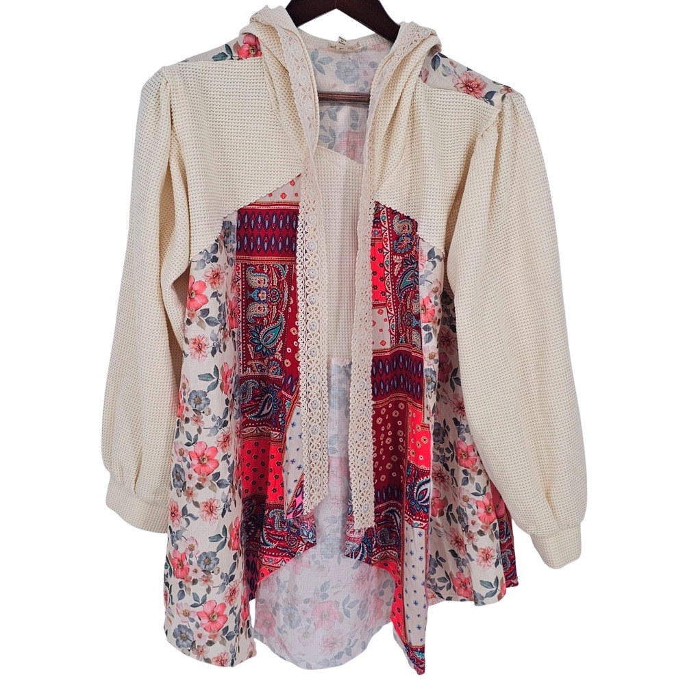 POL Mixed Media Patchwork Floral Paisley Hooded Cardigan YKT1277 Small Raw Hem